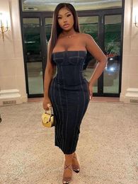 Casual Dresses Mozision Elegant Strapless Denim Midi Dress For Women Fashion Off-shoulder Sleeveless Backless Bodycon Club Party Sexy