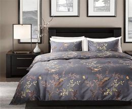 Modern Style Grey Color Bedding Set King Size Bronzing Flower and Birds Pattern Duvet Cover Set Exquisite Home Textiles3109364