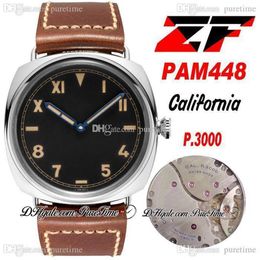 ZF ZF448 00448 California 3 Days P 3000 Hand Winding Mens Watch Mechanical 47mm Steel Case Black Dial Brown Leather Strap Super Ed304n