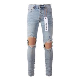 2023 Arrival Purple Brand Men's High Street Light Blue Denim Slim Fit Washed Damaged Destroyed Hole Stretch Solid Jeans 231221