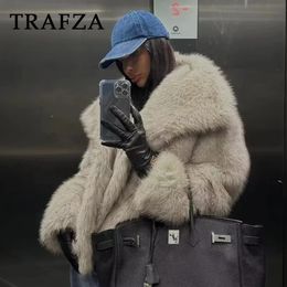 TRAFZA 2024 Autumn Winter Women Casual Faux Fur Jackets Fashion Streetwear Solid Oversized Turn Down Collar Elegant Thick Coats 231221