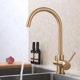 ROLYA Brushed Golden 3 Way Water Philtre Tap Burnished Gold RO Water Kitchen Faucet Tri Flow Kitchen Sink Mixer345Q