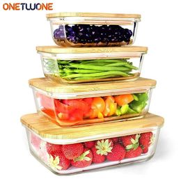 Glass Bamboo Lids Meal Prep Containers Food Storage Pantry Kitchen Fridge Cabinet Organiser Lunch Box Microwave Oven 231221