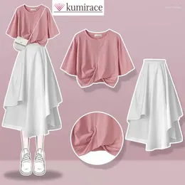 Work Dresses Chest Cross Pink Short Sleeve T-shirt Top Ruffled Skirt Two Piece Elegant Women's Pants Set Summer Casual Outfits