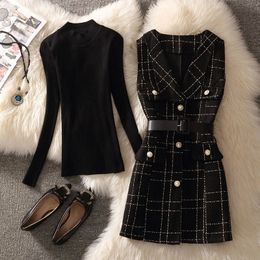 Vintage Mid Length 75cm Plaid Tweed Vest Jacket Women 2 Piece Set Elegant Pearl Button Belted Unlined Waistcoat And Knit Sweater 231221