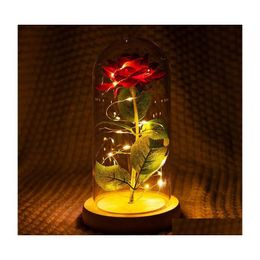 Wreaths Decorative Flowers Wreaths Romantic Eternal Rose Flower Glass Er Beauty And Beast Led Battery Lamp Birthday Valentines Day Mother