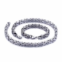 5mm 6mm 8mm wide Silver Stainless Steel King Byzantine Chain Necklace Bracelet Mens Jewellery Handmade238i