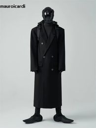 Mauroicardi Autumn Winter Long Loose Luxury Warm Soft Black Woolen Trench Coat Men Double Breasted Cool European Overcoat 231221