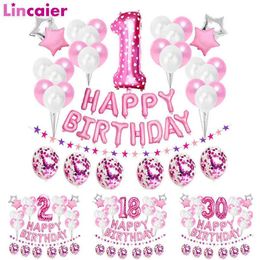 37Pcs Pink Number 1 2 3 4 5 6 7 8 9 Years Old Balloons Happy Birthday Party Decorations Kids Baby Girl Princess 15 16 18 30 40 211237y
