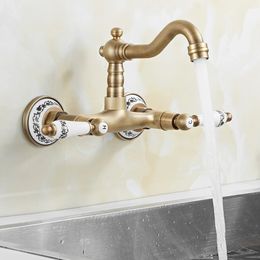 Basin Faucets Antique Brass Wall Mounted Kitchen Bathroom Sink Faucet Dual Handle Hole Swivel Spout Cold Water Tap 231221