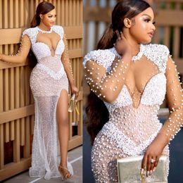 2024 Aso Ebi Prom Dresses Illusion Long Sleeves Pearls Evening Formal Dress for Special Occasions Mermaid High Split Birthday Party Second Reception Gowns AM239