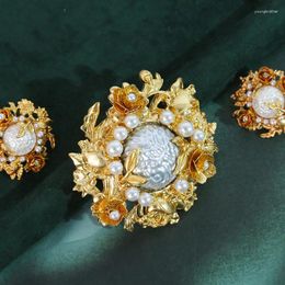 Necklace Earrings Set European And American Style Exquisite Craftsmanship Niche Design Floral Embossed Brooch Stud Jewellery