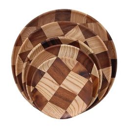 Round Solid Wood Plate Whole Acacia Wood Fruit Dishes Wooden Saucer Tea Tray Dessert Dinner Breakfast Plate Tableware