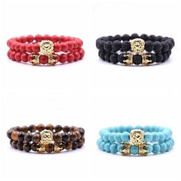 2Pc Set Animal King Lion Head Red Turquoise Bangle Natural Stone Crown Couple Bracelet Sets For Men Hand Jewellery Accessories Men W264e