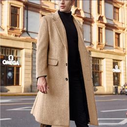 Autumn and Winter Men's Long Solid Windbreaker Woolen Coat Warm Fit Coats Handsome Man Long Korean Coat Men 231220