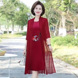 Party Dresses Summer Chiffon Embroidery 2 Piece Set Dress Cardigan Women XL- 5XL Elegant Midi Vintage Robe Female