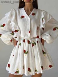 Two Piece Dress Cotton Linen Dress Two-piece Outfits Ruffles Cute Sweet Style Print Long Sled Top and Skirt Matching Sets For Women Summer L231221