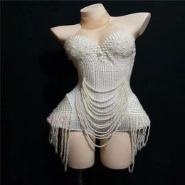 Y74 White Beading Sleeveless Bodysuit Party Pearl Stage Wear Dance Costumes Female Evening Dress Outfits DJ Short Jumpsuit Club QE2752