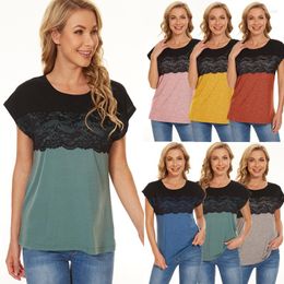 Women's Blouses 2023 Lace Stitching Contrast Colour Short-sleeved T-shirt Top