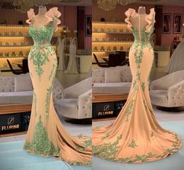 Elegant Champagne Mermaid Evening Dresses Shiny Green Sequined Lace Women Formal Party Gowns Ruffles Shoulder Zipper Back Long Prom Second Reception Dress