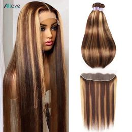 Allove Highlight Bundles With Frontal Bone Straight 13x4 Lace Ombre Honey Blonde Closure Remy 231221