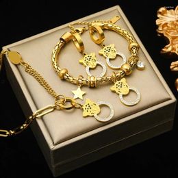 Necklace Earrings Set 316L Stainless Steel Retro Coarse Chain Leopard Head Zircon Earring Buckle Bracelet Wedding Jewellery