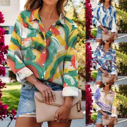 Women's Blouses Women Casual Long Sleeve Colourful Print Blouse Office Lady Elegant Slim Button Up Shirts 2023 Spring Autumn Lapel Tops Femme