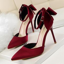 Sandals Korean Version Sweet Beauty Shoes Thin Heel High Shallow Mouth Pointed Silk Hollow Back Bow with Sandals