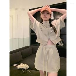 Work Dresses Standing Neck Short Sleeve Sports Suit Women Solid Double Zipper Coat Skirt Drawstring Safety Pants Elastic Summer Two Piece