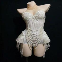 Y74 White Beading Sleeveless Bodysuit Party Pearl Stage Wear Dance Costumes Female Evening Dress Outfits DJ Short Jumpsuit Club QE283p