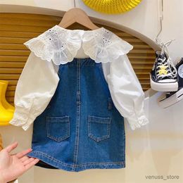 Girl's Dresses Baby Girl's Suspenders Dress Spring New Kids Clothes Set Fashion Lace Lapel Shirt+Jeans Strap Dresses Girls Outfit