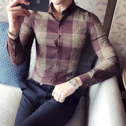 Men's Casual Square Neck Button Spring and Autumn Fashion England Printed Plaid Long Sleeved Slim Business Cardigan Shirt Tops 231221