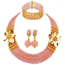 Necklace Earrings Set Peach African Wedding Beads Jewellery Crystal Beaded Nigerian 5LDH09