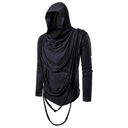 Men's T-Shirts Men autumn punk rock hip hop long sleeve t shirt ripped tassel hooded tees tops man gothic style cloak black white 6 colorsL2404