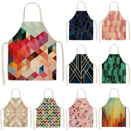 1pcs Geometric Printed Kitchen Chef Aprons for Woman and Man Home Cooking Baking Shop Cleaning Cotton Linen Apron 55x68cm