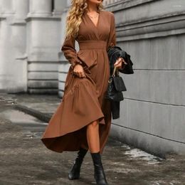 Casual Dresses Women Dress A-line Pleated Patchwork Lady Tight High Waist Long Sleeve Mid-calf Length Fall Spring Midi