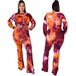 Women's Pants Arrivals Fashion Women Sexy Deep V-Neck Flare Sleeve Crop Wide Leg 2 Pieces Set Tie Dye Outfits Jumpsuit