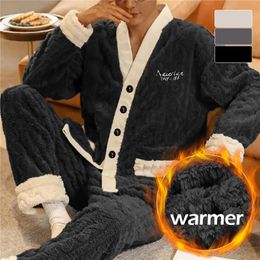 Jodimitty Winter Men Warm Flannel Pyjamas Set Vneck Fluffy Coat Long Pants Male Sleepwear for Sleeping 2 Pieces Housewear 3XL 231220