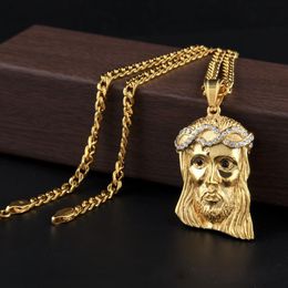 NEW Hip Hop Jewelry Jesus Christ Rhinestone Pendant Necklace Stainless Gold Plated With 60cm Chain For Men Lover Gift Rapper Acces259t