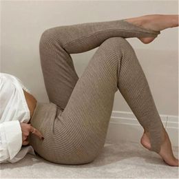 Leggings New Women Ribbed Knit Leggings Fashion High Waist Cotton Fitness Pants Female Casual Beige AllMatch Stretch Skinny Leggings