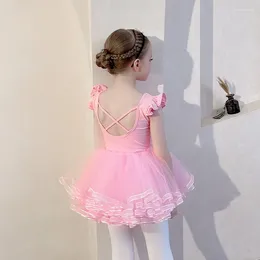 Stage Wear Ballet Leotards For Girl Toddler Short Ruffle Sleeve Tulle Dance 4 Layers Dancer Outfit Rhythmic Gymnastics Bodysuit Dress Skate