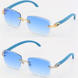 NEW Rimless Blue Wood C Decoration Vintage Luxury Sunglasses Square shape face Carving Lens Unisex driving glasses 18K gold me331C