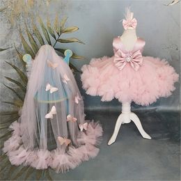 Flower Girl Dresses Puffy Dress Pink Baby With Train Bow Cute Kid s Child Birthday Frist Communion 231221