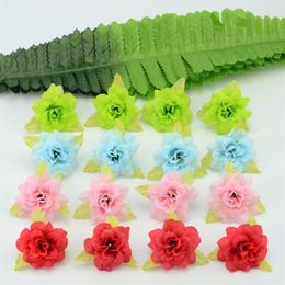 Whole-50 Pcs 4cm Handmade Mini Artificial Silk Rose Flowers Heads With Leaves DIY Scrapbooking Flower Kiss Ball For Wedding De2499