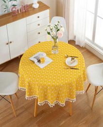 Cotton Linen Nordic Round Tablecloth Yellow Striped White Tassel Lace Christmas Tree Dining Cover Washable Cloth 2106266971166