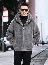 Men's Vests Leather Fur Coat Short Thickened Warm Loose Hooded Cashmere Lamb Integrated Jacket AutumnWinter FashionCasual High-End