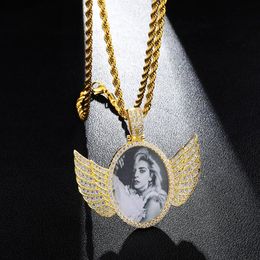 Silver Gold Custom Made Po With Wings Medallions Can Open Pendant Necklace Cubic Zircon Men Hiphop Jewelry191Q