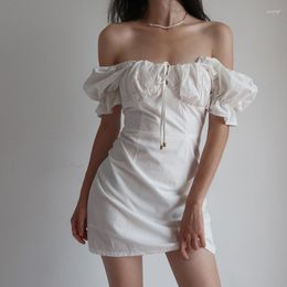 Casual Dresses French Royal Style Retro Waist-Controlled Off-Shoulder Dress