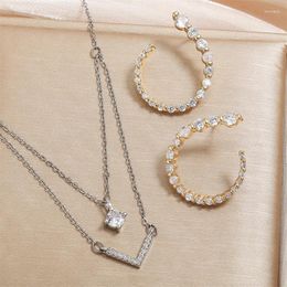 Necklace Earrings Set MASA Double Layered V-shaped Necklaces For Women Light Luxury Micro-paved Zircon Large Hoop Earring Bridal Wedding