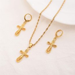 Jesus Cross Pendant Necklaces Earrings 18 k Fine Yellow Gold Filled Egyptian Sets Women Egypt Hieroglyphs Charm Jewelry201h